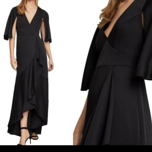 Bcbgmaxazria black ruffle tall dress ,Open Sleeves V-Neck Wrap Dress - Picture 2 of 7